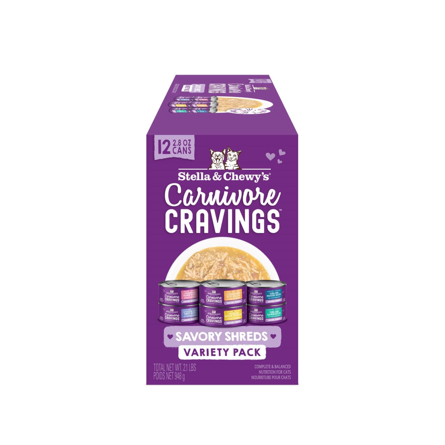 Stella & Chewy's Carnivore Cravings Savory Shreds Canned Wet Cat Food Variety Pack. 2.8 Oz Cans, Case Of 12