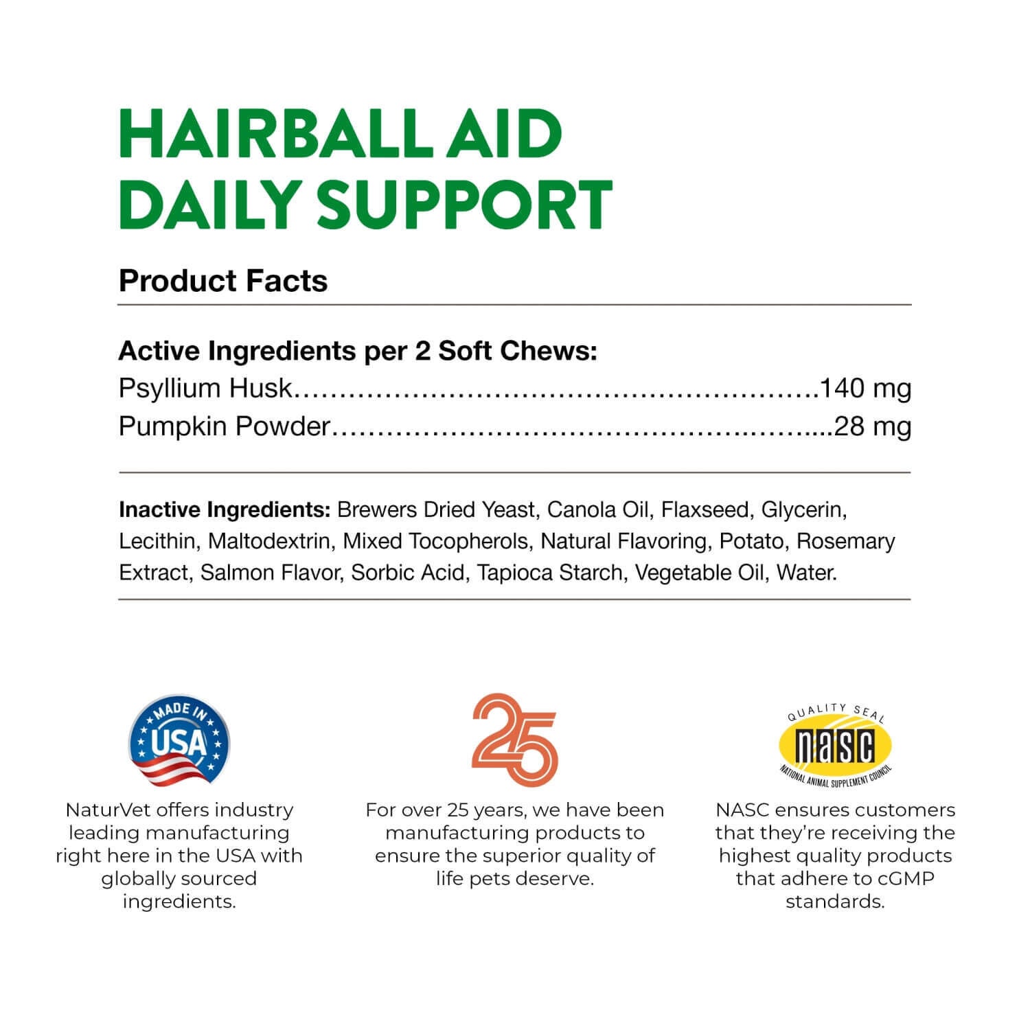 Naturvet Hairball Aid Daily Support + Pumpkin Soft Chew Supplement For Cats, 60Ct