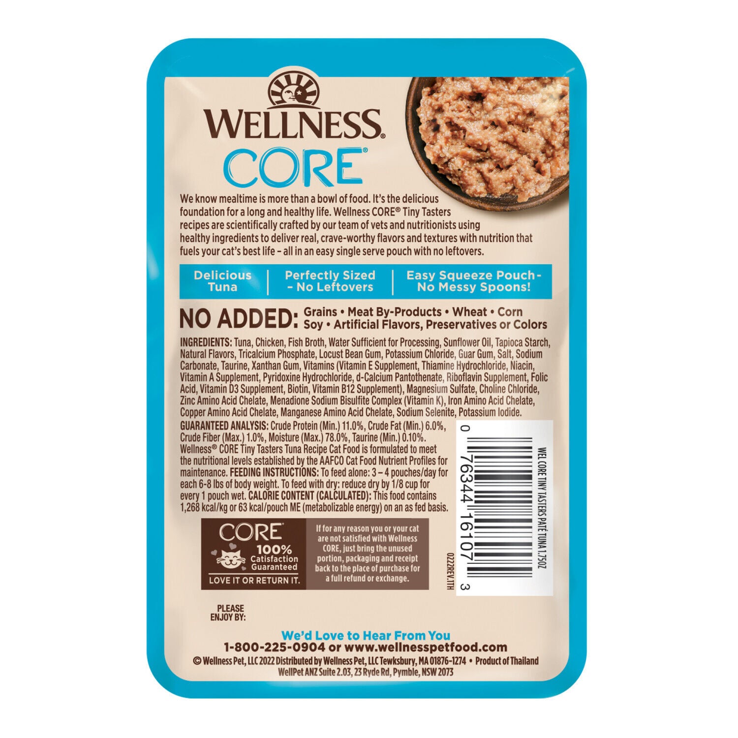 Wellness Core Tiny Tasters Pate Adult Wet Cat Food, Natural, Protein-Rich, Grain Free, 1.75 Ounce Pouch, 12 Pack - Tuna Pate