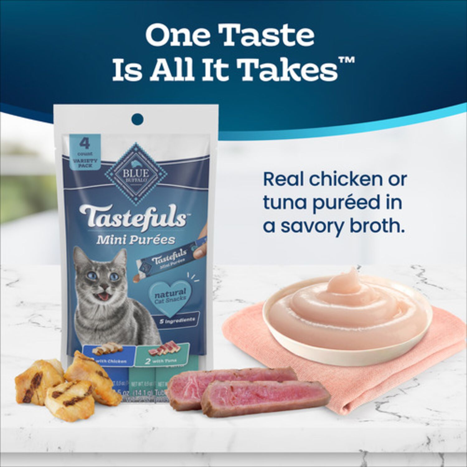 Blue Buffalo Tastefuls Mini Pur&eacute;es Cat Treats, Chicken & Tuna Variety Pack, 0.5-Oz Tubes, 4-Pack