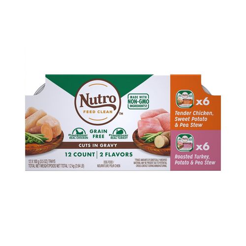 Nutro Grain Free Chicken & Turkey Cuts In Gravy Recipes Wet Dog Food Variety Pack, 12 3.5oz Trays