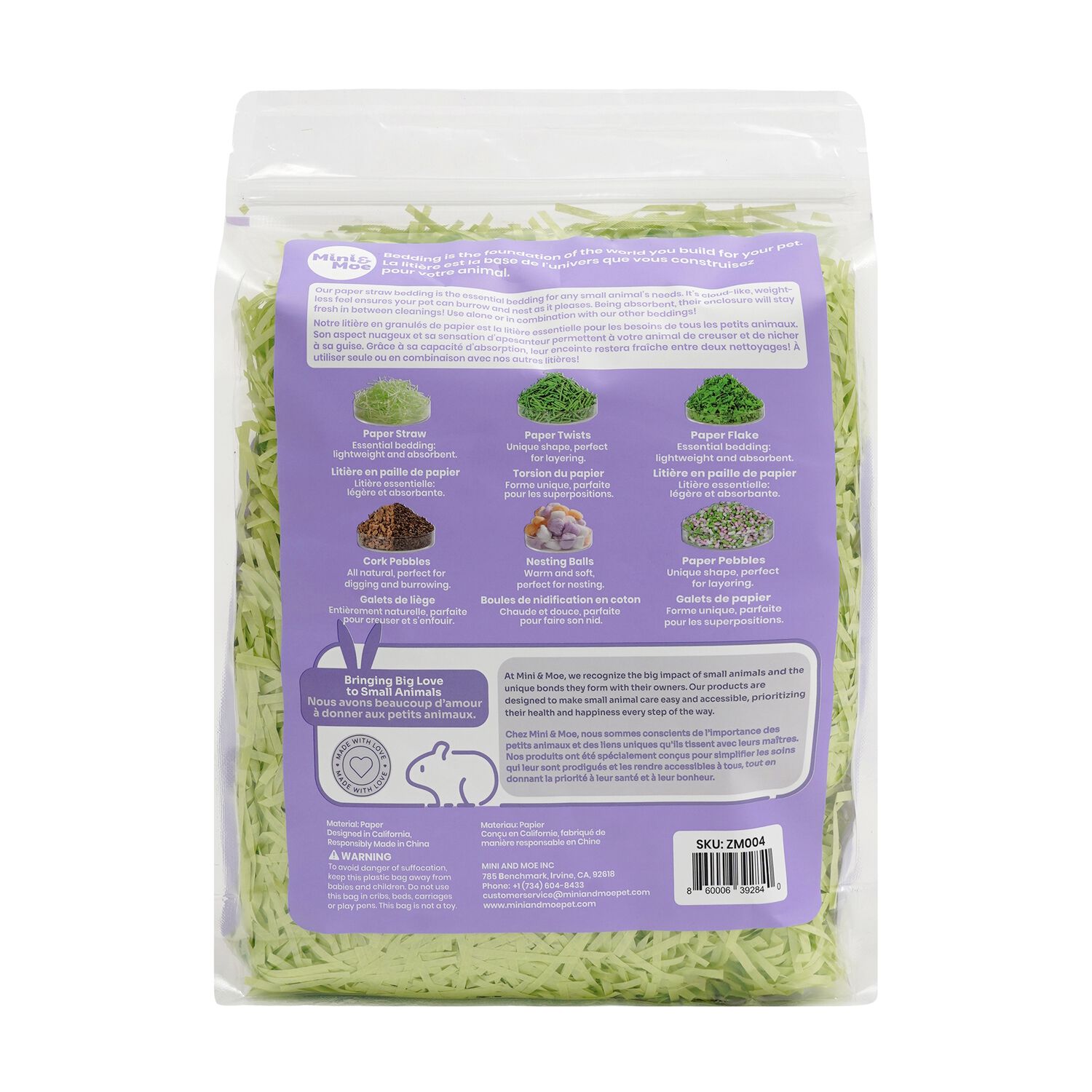 Mini & Moe, Hamster Bedding, Paper Straw, Green, Small Animals, 56-Liter Bag