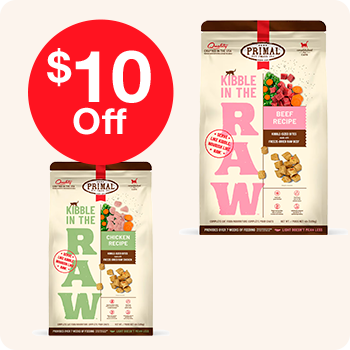 Raw dog treats promotion with a discount of $10 off the regular price