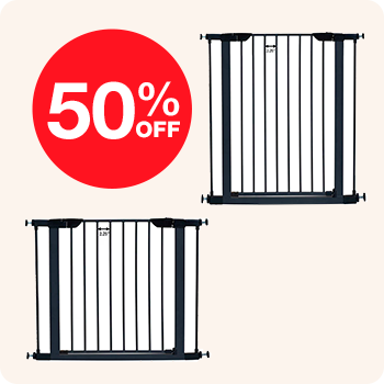 Two black baby gates displayed with a 50% off sale sign.