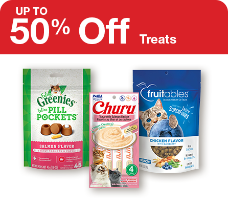 "up to 50% off treats" three bags of cat treats
