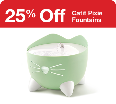"25% off Catit Pixie Fountains" image of green Catit Pixie water fountain