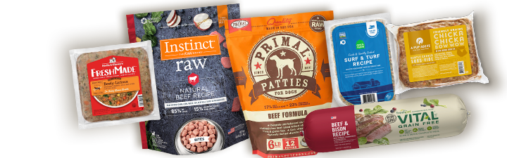 frozen food Stella & Chewy's. Instinct Raw, Primal Patties and Open Farm Fish dog food