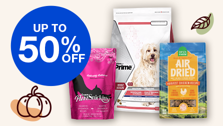 up to 50% off blue bubble with Open Farm Air Dried dog food, Performatrin Prime Dog Food and PurrSnikittycat food