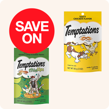 A package of Temptations dog treats featuring various flavors, designed to entice and reward dogs.