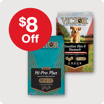 $8 Off Victor Hi-Pro Plus, Bully Fuel, Sensitive Skin & Stomach, & Large Breed Puppy Dog Food bags