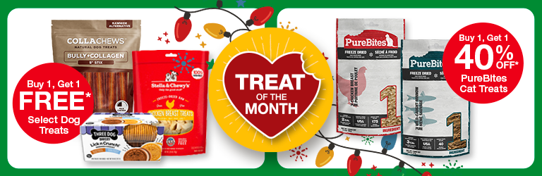 Treat of the month icon and Buy 1, Get 1 FREE select dog treats | Buy 1, get 1 40% off purebites cat treats