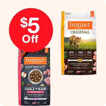 Coupon for Instinct cat food, featuring a colorful design and promotional details for discounts on pet food products.