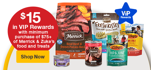 "$15 in VIP Rewards with minimum purchase of $75+ of Merrick & Zuke's food and treats"