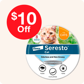 One can of Seresto with a promotional label showing "$10 off" prominently displayed.