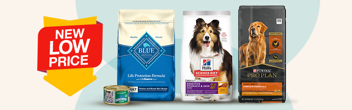 "New Low Price" red banner with yellow arrow with Blue Buffalo bag and can, Hill's dog food bag in white and purple, and Purina Pro Plan dog food bag in black and orange