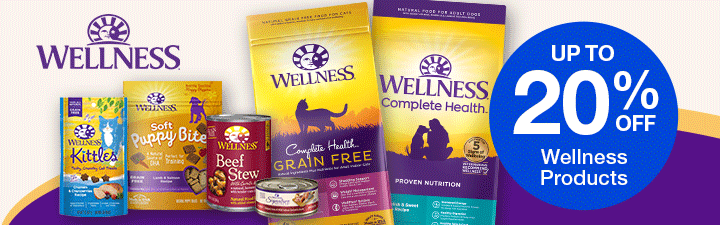 up to 20% off Wellness products with image of Wellness pet food items and logo