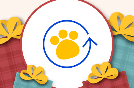 paw icon in yellow with thin blue semi circle arrow around it all surrounded by holiday gifts