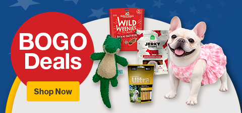 BOGO Deals Shop Now with dog treats, white dog in a pink dress and alligator dog toy
