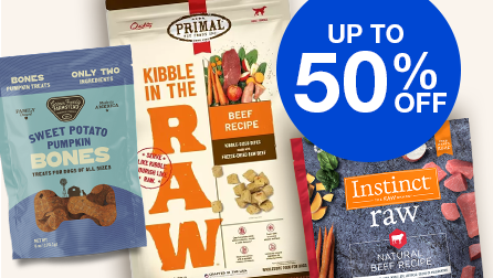 up to 50% off blue bubble with sweet potato bones and Kibble in the Raw