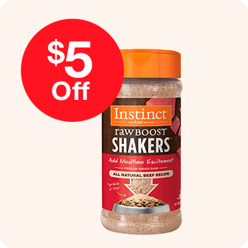 Two instinct raw boost shakers bottles displaying a promotional message of "$5 off" prominently on their labels.