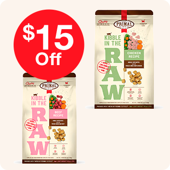 Raw dog treats promotion with a discount of $15 off the regular price