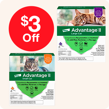 Advantage II flea and tick control product for cats, featuring packaging with $3 Off promotion