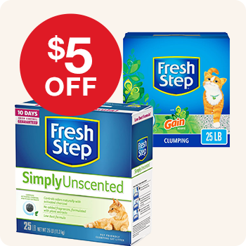 Fresh Step clumping cat litter in two variants, Simply Unscented and Gain Scent with "$5 OFF" offer