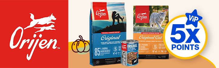 Orijen logo and two food bag and one can with a "5X VIP Points" Icon 
