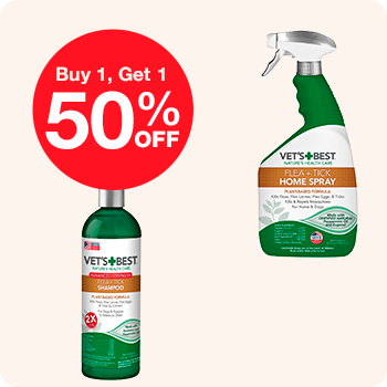 Promotional image for pet supplies: buy 1, get 1 at 50% off.