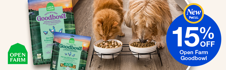 Open Farm brand showcasing a dog with a 15% off Goodbowl food promo blue bubble