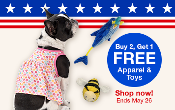 Buy 2, get 1 free apparel & toys shop now ends may 23 image of dog in pink dress with a fish toy and bee toy