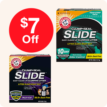 Arm & Hammer Clump & Slide cat litter package featuring a blue and yellow design with a cat silhouette