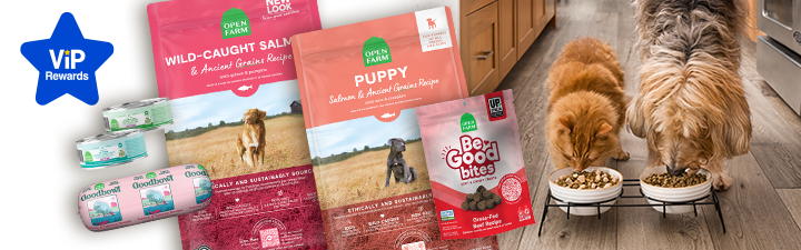 Bags and treats for Open Farm food for dogs & cats and Purina Pro Plan dog and cat supplements, image of dog and cat eating from bowl