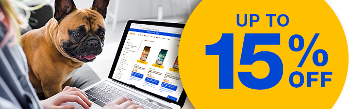 pug with laptop shopping on pet supermarket .com with "Up to 15% off" yellow bubble