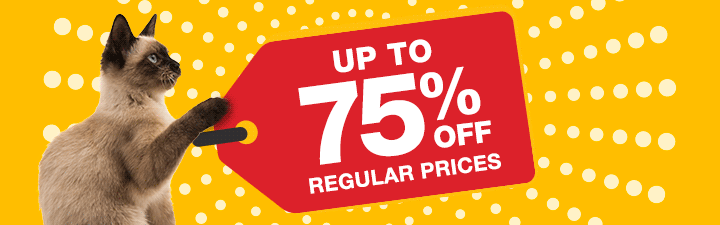 Yellow background with white dots and red price tag that says "up to 75% off regular prices" with a cat image