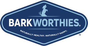 The Barkworthies logo in a blue diamond shape with the slogan "Naturally Healthy. Naturally Happy."