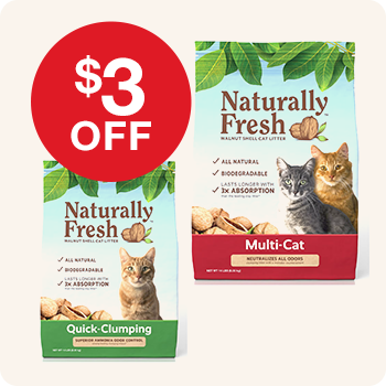 Naturally Fresh Walnut Shell Cat Litter in two variants, Quick-Clumping and Multi-Cat with "$3 OFF" offer.