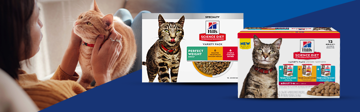 Hill's science diet cat food variety packs with a lifestyle image of a woman petting orange cat
