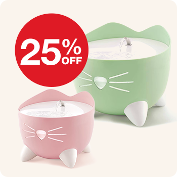 Catit cat water fountains in two colours, pink and green with "25% OFF" offer.