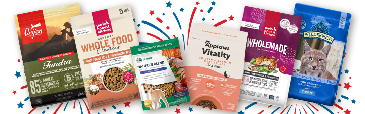 6 dog and cat food bags with fireworks behind them