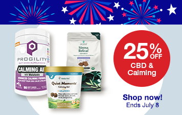 "25% off CBD & Calming" shop now Ends July 8 image of three calming supplements