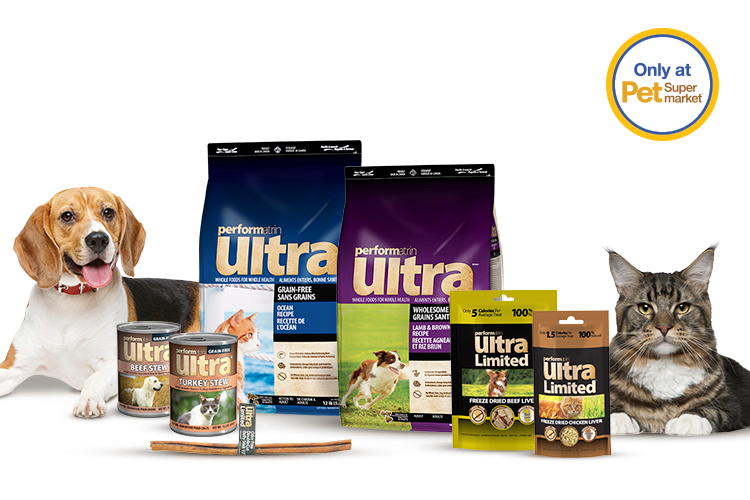 A beagle and cat lying next to Performatrin Ultra dog and cat food products with a "Only at Pet Supermarket" label.