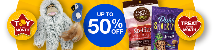 Collection of pet toys and treats with up to 50% off badge and Toy of the month icon