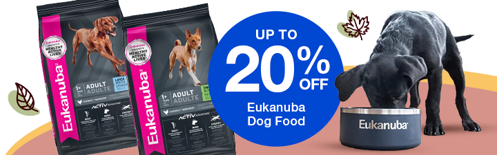 "up to 20% off Eukanuba dog food" With puppy eating and two bags of dog food