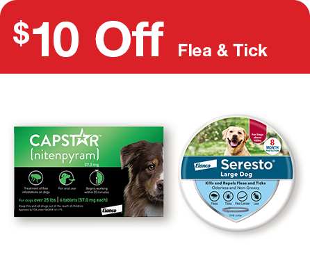 "$10 off Flea & tick", two dog flea & tick products