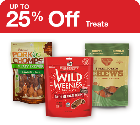 "up to 25% off treats" three bags of dog treats