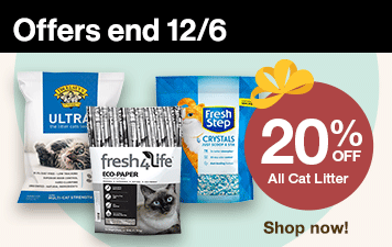 "20% Off all cat litter, shop now!" Offers end 12/6 with 3 bags of cat litter