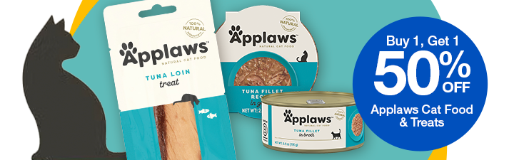 Applaws cat wet food and tuna treat with "Buy 1, get 1 50% OFF Applaws Cat Food & Treats" blue promo circle