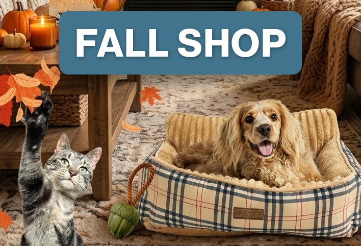"Fall Shop" Fall dog bed with dog in it and cat reaching for fall leaves on a light orange and dark teal background