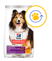 paw icon in yellow with thin blue semi circle arrow around it all surrounded by a yellow circle